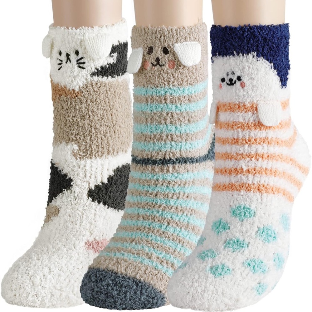 Cute Animal Print Fuzzy Socks Set of 3